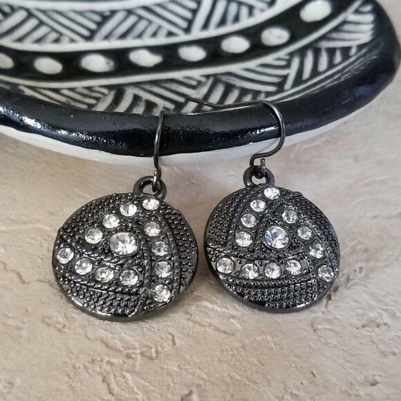 Avant Garde Gunmetal Grey Black Austrian Crystal Circle Triangle Dangle Earrings - Picture 1 of 6